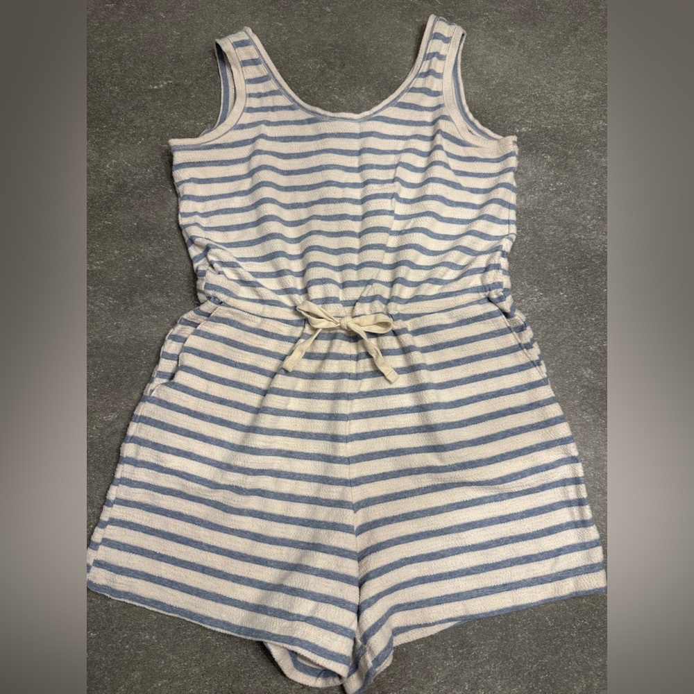 Women’s 100% Cotton Old Navy Blue and White Striped Romper w/Drawstring - Size L